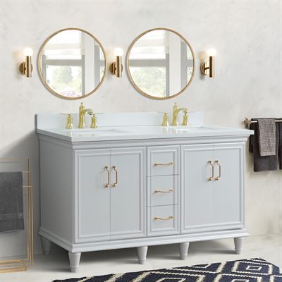 61" Double Sink Vanity in White Finish and White Quartz and Rectangle Sink