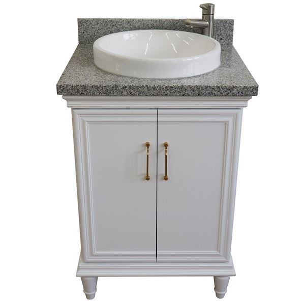 25" Single vanity in White finish with Gray granite and round sink
