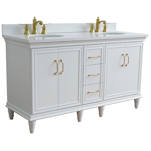 61" Double Sink Vanity in White Finish and White Quartz and Oval Sink