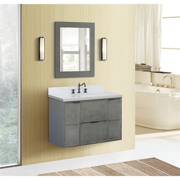 37″ Single Wall Mount Vanity in Linen Gray Finish with White Quartz Top and Oval Sink