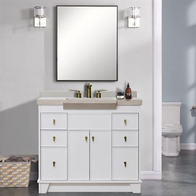 39 in Single Sink Vanity white Finish in sandy white concrete Top with Gold Hardware