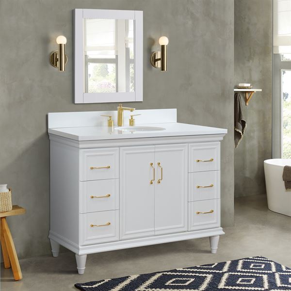 49″ Single Sink Vanity in White Finish with White Quartz and Oval Sink