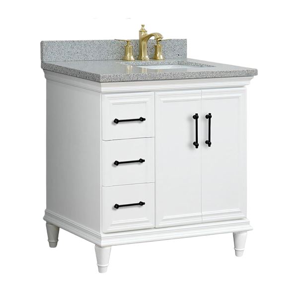 37" Single Vanity in White Finish with Gray Granite and Rectangle Sink- Right Door/Right Sink