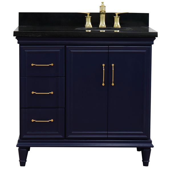 37" Single vanity in Blue finish with Black galaxy and oval sink- Right door/Right sink