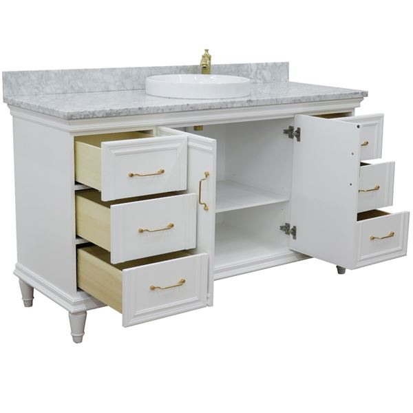 61" Single vanity in White finish with White Carrara and round sink