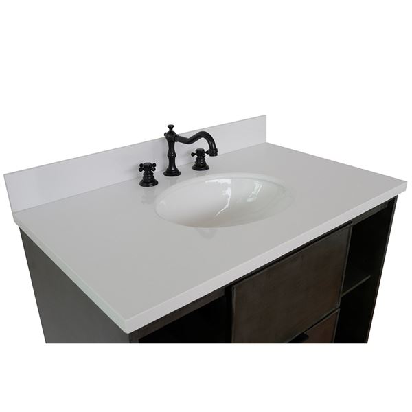 37" Single Vanity in Linen Gray Finish With White Quartz Top and Oval Sink