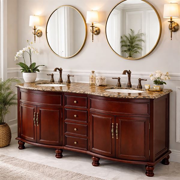 Heritage 62 in Double Sink Vanity in Cherry Finish with Baltic Brown Granite Top