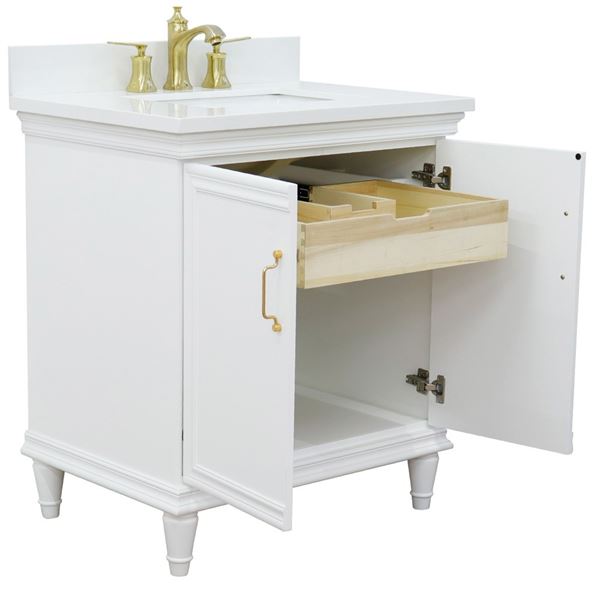 31" Single vanity in White finish with White quartz and rectangle sink