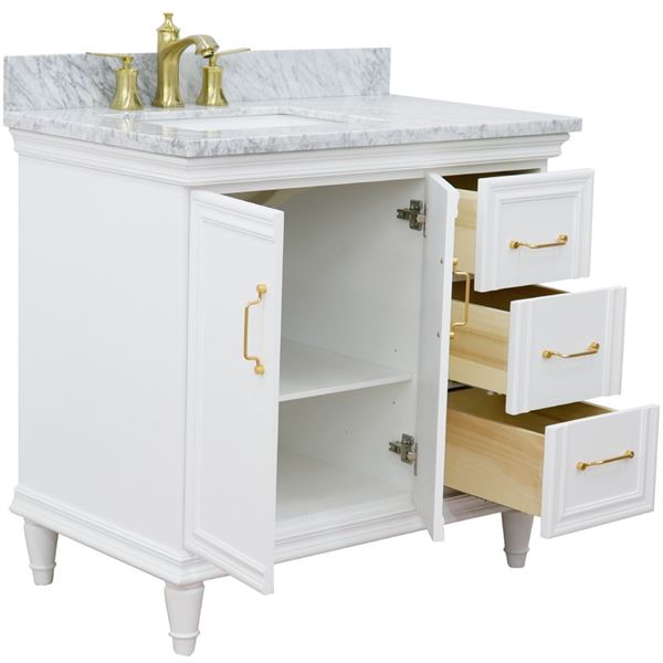37" Single vanity in White finish with White Carrara and rectangle sink- Left door/Left sink