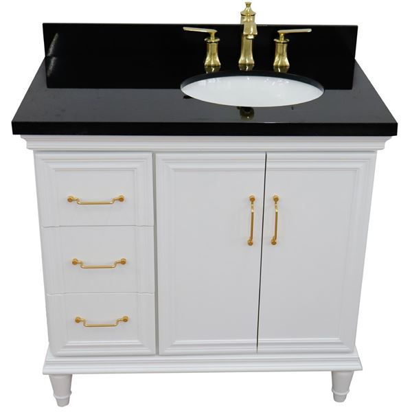 37" Single vanity in White finish with Black galaxy and oval sink- Right door/Right sink