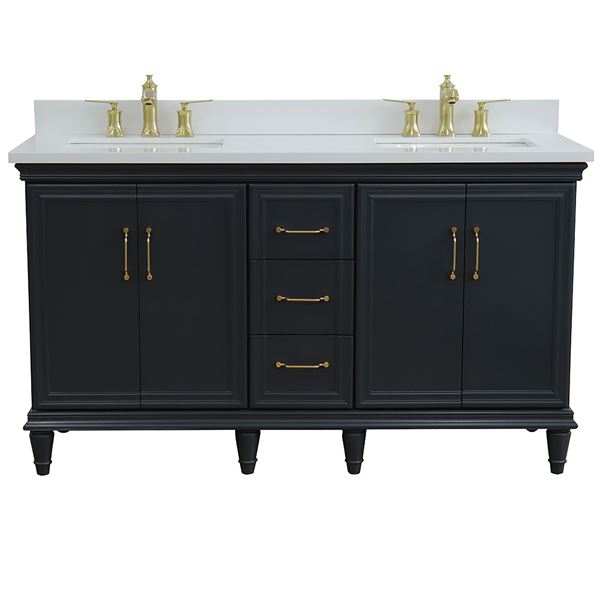 61" Double Sink Vanity in Dark Gray Finish and White Quartz and Rectangle Sink