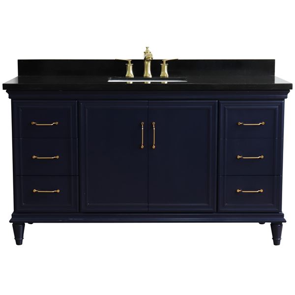 61" Single sink vanity in Blue finish and Black galaxy granite and rectangle sink