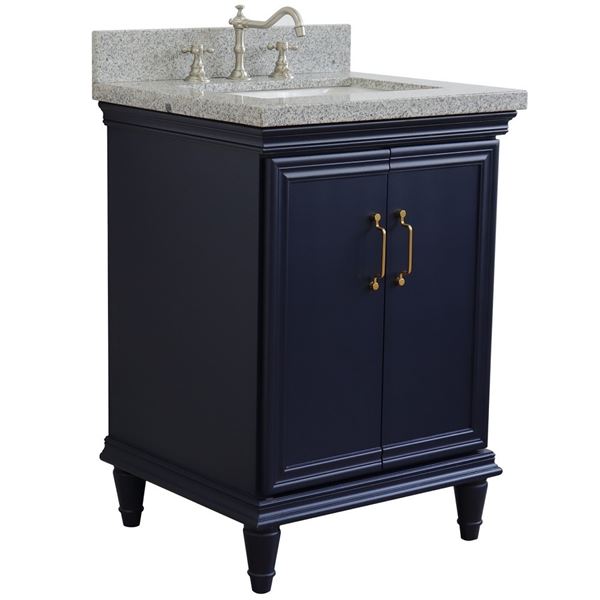 25" Single vanity in Blue finish with Gray granite and rectangle sink
