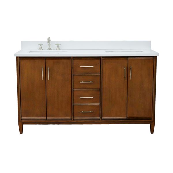 61" Double Sink Vanity in Walnut Finish With White Quartz and Rectangle Sink