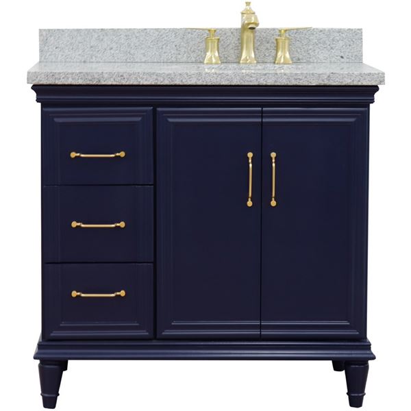 37" Single vanity in Blue finish with Gray granite and oval sink- Right door/Right sink