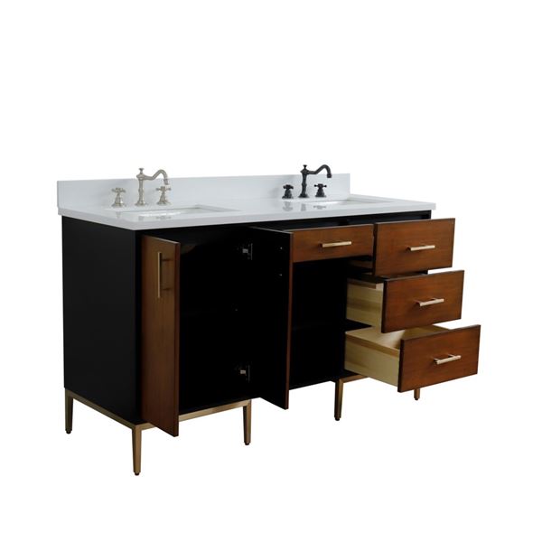 61" Double Sink Vanity in Walnut and Black Finish and White Quartz and Rectangle Sink
