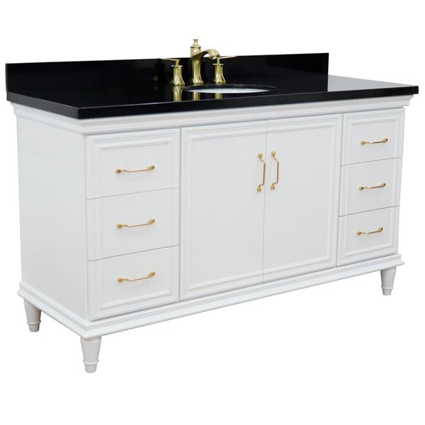 61" Single vanity in White finish with Black galaxy and oval sink