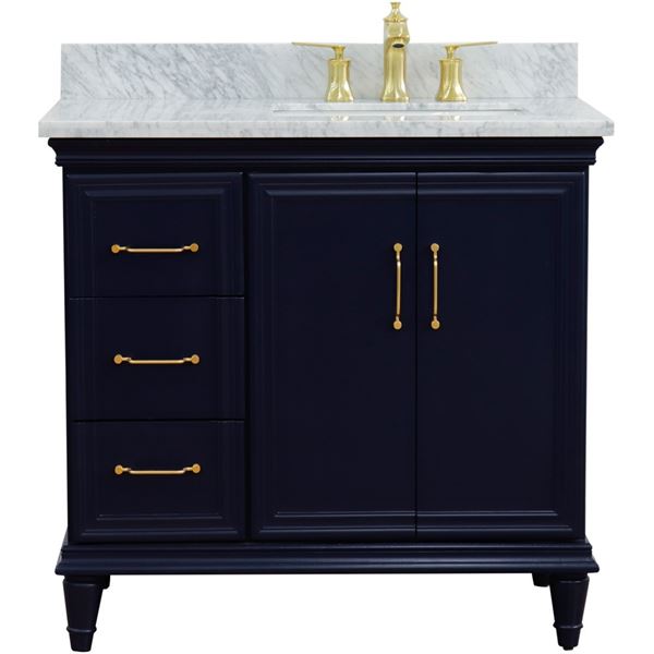 37" Single vanity in Blue finish with White Carrara and rectangle sink- Right door/Right sink