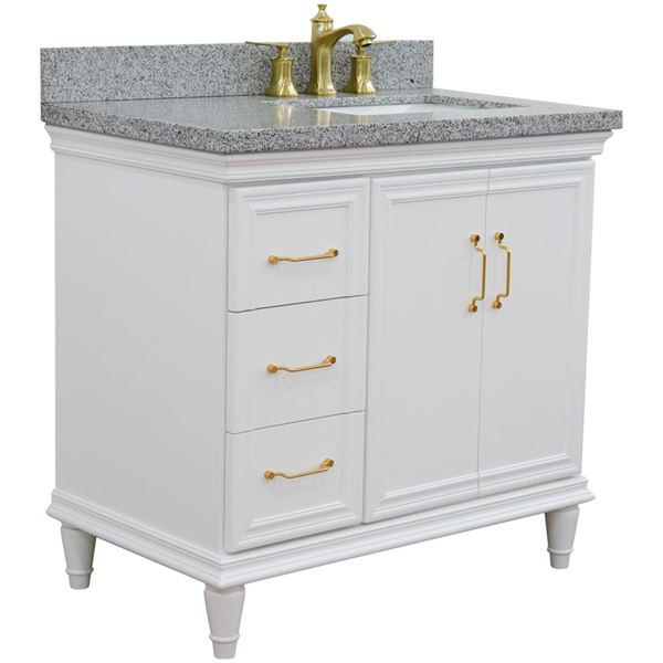 37" Single vanity in White finish with Gray granite and rectangle sink- Right door/Right sink