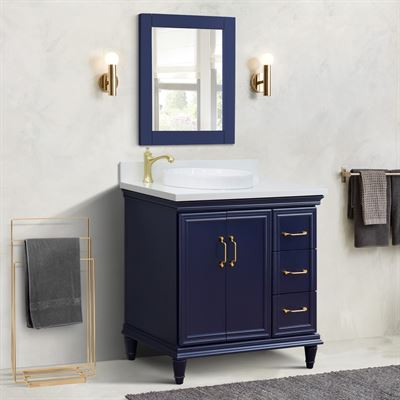37" Single vanity in Blue finish with White quartz and round sink- Left door/Left sink 