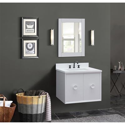31" Single Wall Mount Vanity in White Finish With White Quartz Top and Rectangle Sink