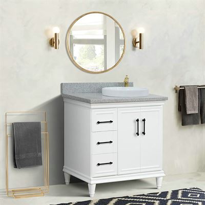 37" Single Vanity in White Finish with Gray Granite and Round Sink- Right Door/Right Sink