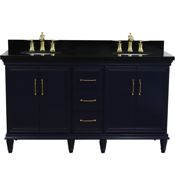 61" Double sink vanity in Blue finish and Black galaxy granite and oval sink