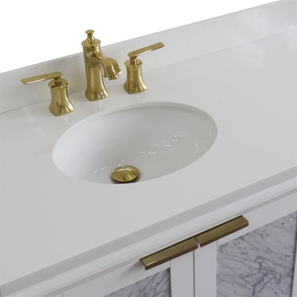 43" Single Vanity in White Finish With White Quartz and Oval Sink- Left Door/Left Sink