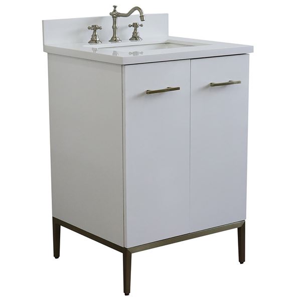25" Single Sink Vanity in White Finish With White Quartz and Rectangle Sink