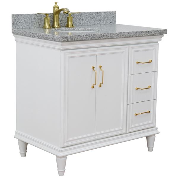 37" Single vanity in White finish with Gray granite and oval sink- Left door/Left sink