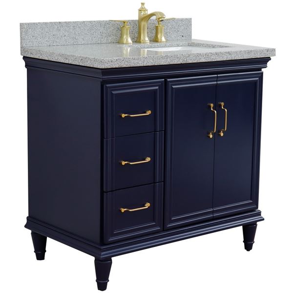 37" Single vanity in Blue finish with Gray granite and rectangle sink- Right door/Right sink