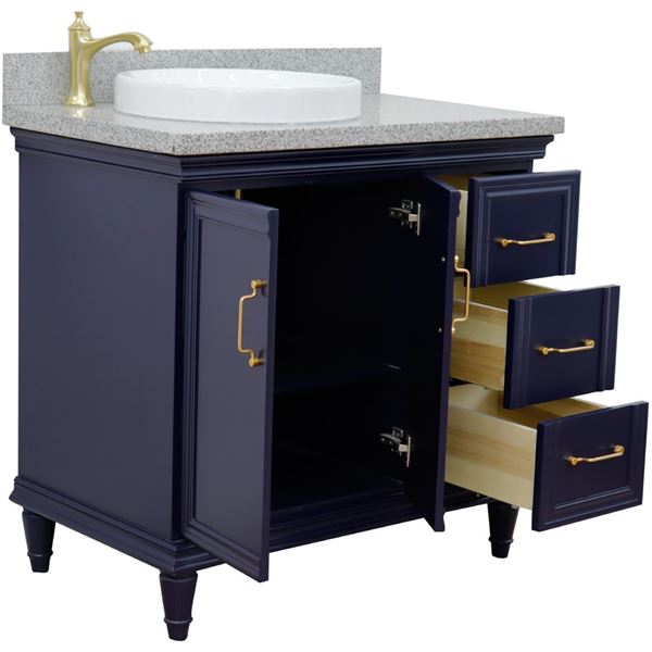 37" Single vanity in Blue finish with Gray granite and round sink- Left door/Left sink