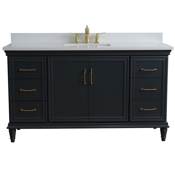 61" Single sink vanity in Dark Gray finish and White quartz and rectangle sink