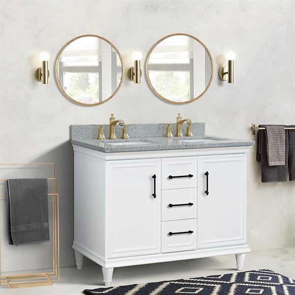49″ Double Vanity in White Finish with Gray Granite and Rectangle Sinks
