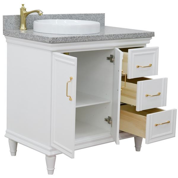 37" Single vanity in White finish with Gray granite and round sink- Left door/Left sink