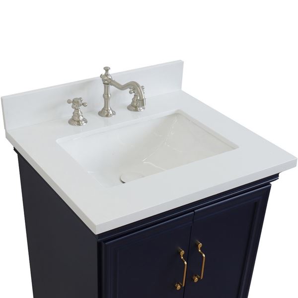 25" Single Vanity in Blue Finish With White Quartz and Rectangle Sink