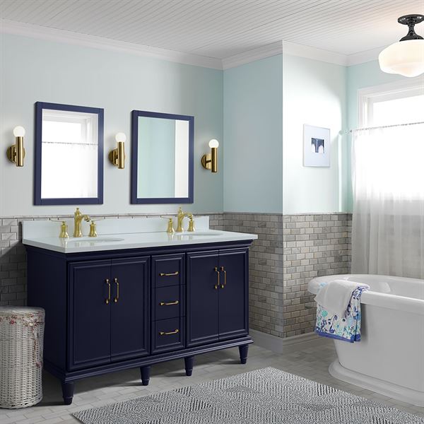61" Double Sink Vanity in Blue Finish and White Quartz and Oval Sink