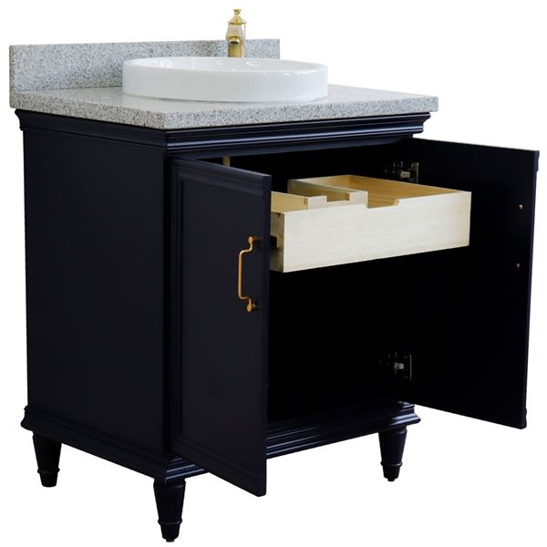 31" Single vanity in Blue finish with Gray granite and round sink