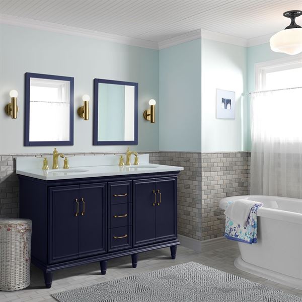61" Double sink vanity in Blue finish and White quartz and oval sink