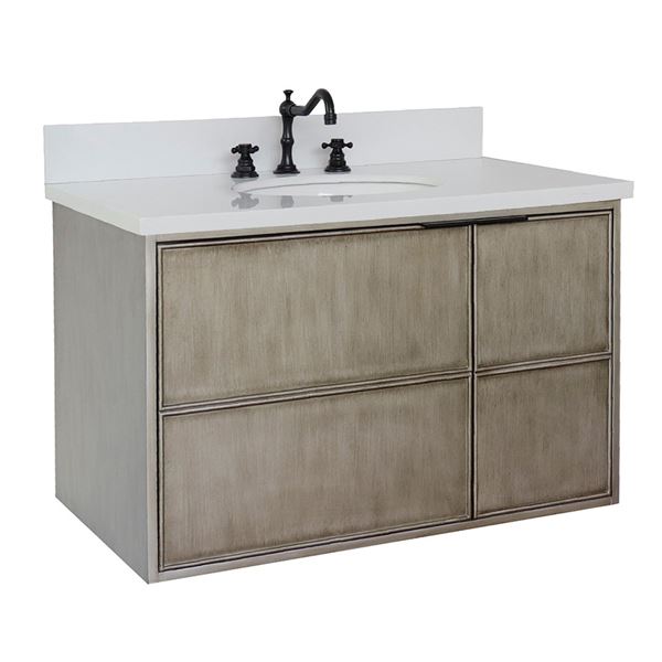 37" Single Wall Mount Vanity in Linen Brown Finish With White Quartz Top and Oval Sink