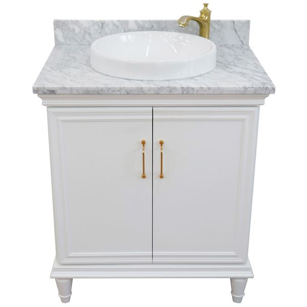 31" Single vanity in White finish with White Carrara and round sink