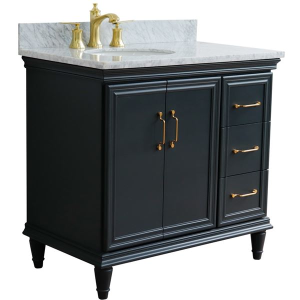 37" Single vanity in Dark Gray finish with White Carrara and oval sink- Left door/Left sink