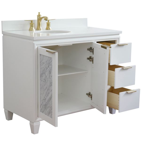 43" Single Vanity in White Finish With White Quartz and Oval Sink- Left Door/Left Sink