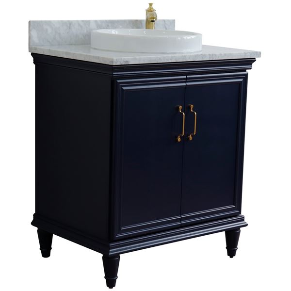 31" Single vanity in Blue finish with White Carrara and round sink