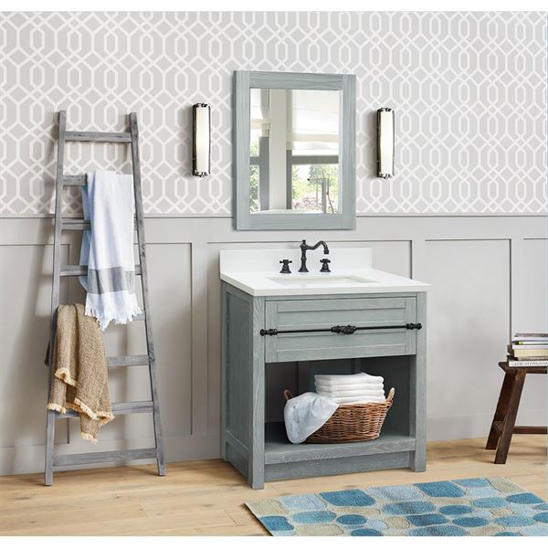 31″ Single Vanity in Gray Ash Finish with White Quartz Top and Rectangle Sink