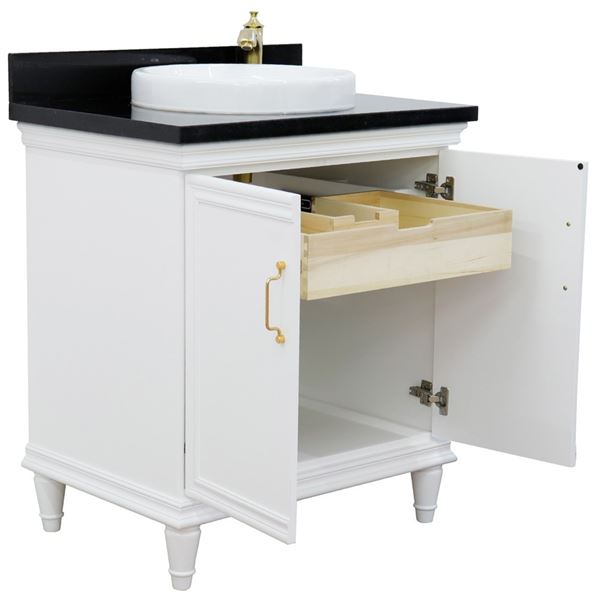 31" Single vanity in White finish with Black galaxy and round sink