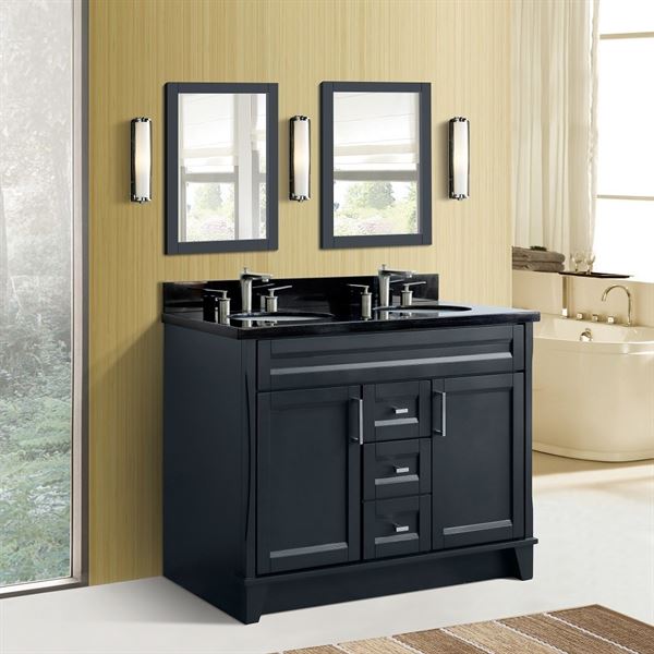 48" Double sink vanity in Dark Gray finish with Black galaxy granite and rectangle sink