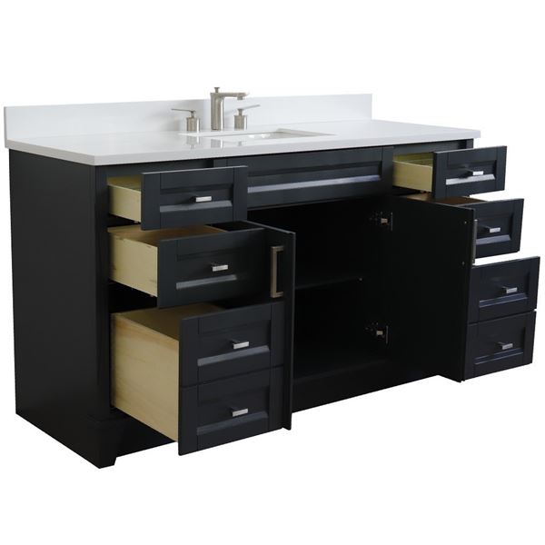 61" Single Sink Vanity in Dark Gray Finish and White Quartz and Rectangle Sink