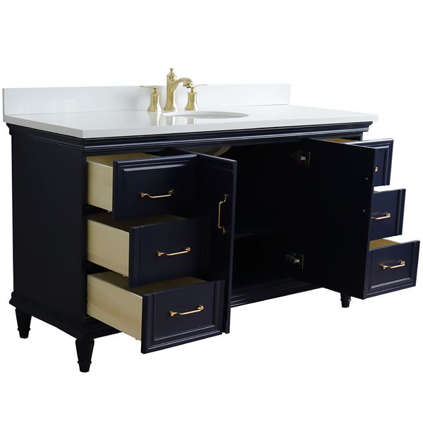 61" Single Sink Vanity in Blue Finish and White Quartz and Oval Sink