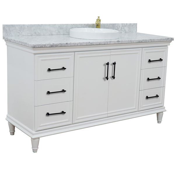 61" Single Vanity in White Finish with White Carrara and Round Sink
